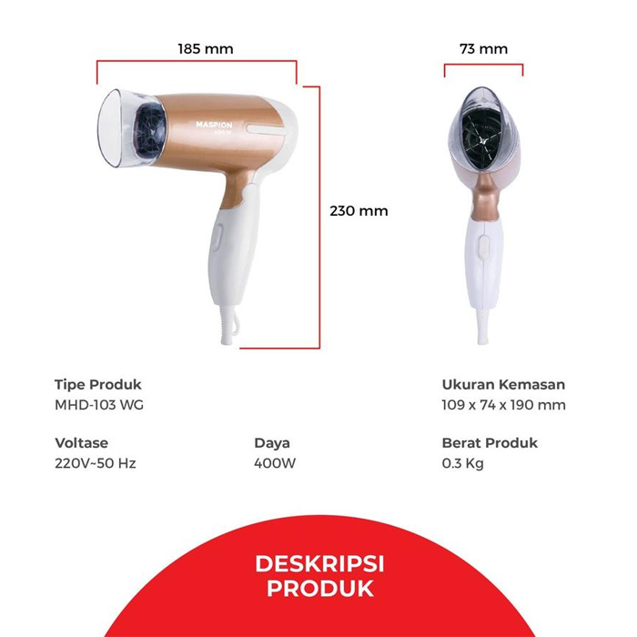 Maspion Hair Dryer Lipat 400 Watt - MHD103WG Gold